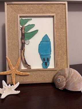 Framed Seaglass Surfboard & Palm Tree Art - Blue & Green
